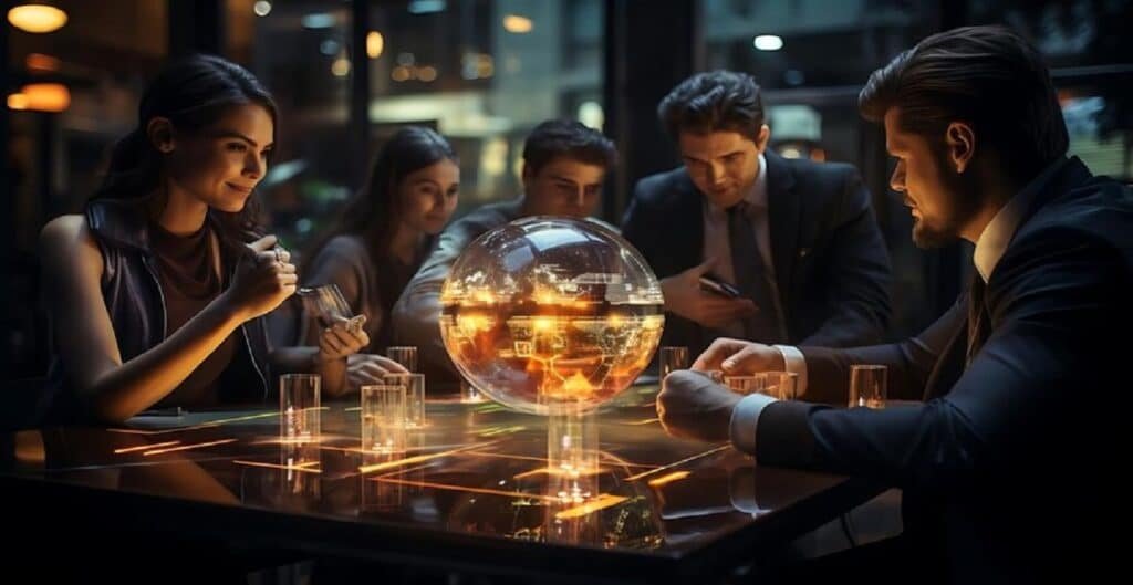 group people engaged strategic discussion around glowing globe 272375 9395