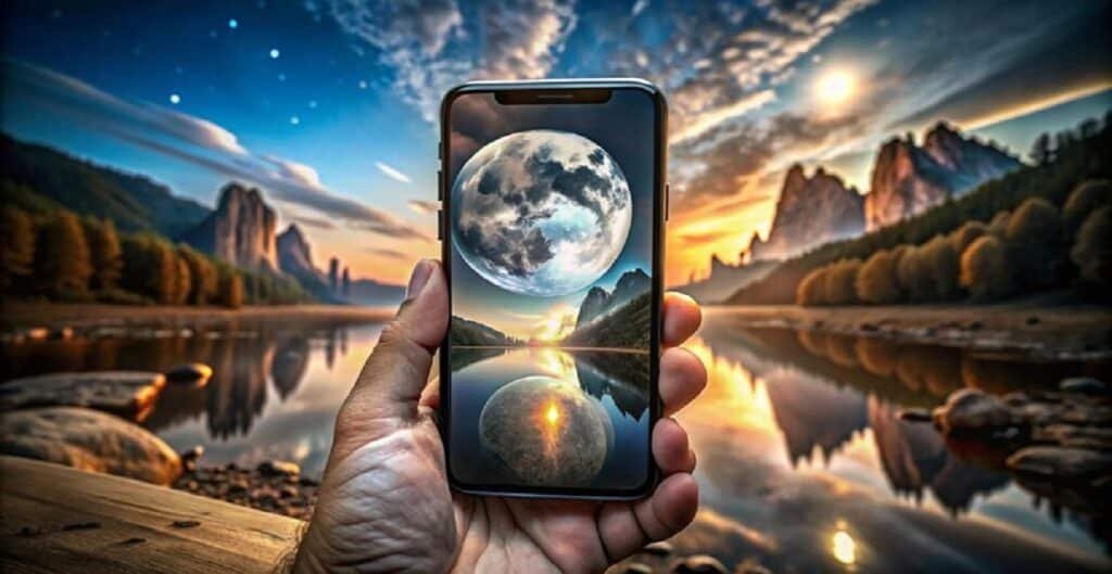 hand holding smartphone with abstract wallpaper coming out screen 1189562 67876