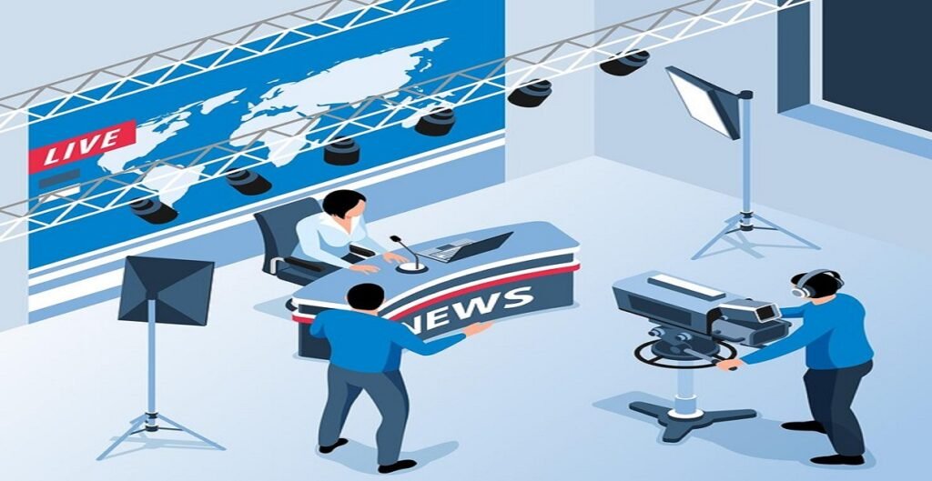 tv news studio interior scene with anchorwoman cameraman with camcorder 3d isometric vector illustration 1284 77871